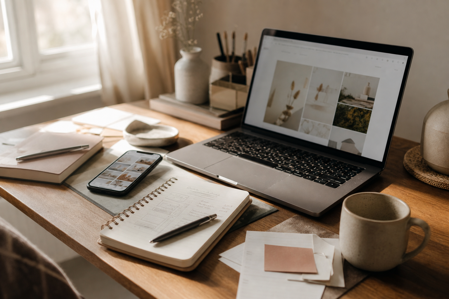 Mesa de trabajo con portátil, móvil, libreta y notas para ordenar la presencia digital de una marca