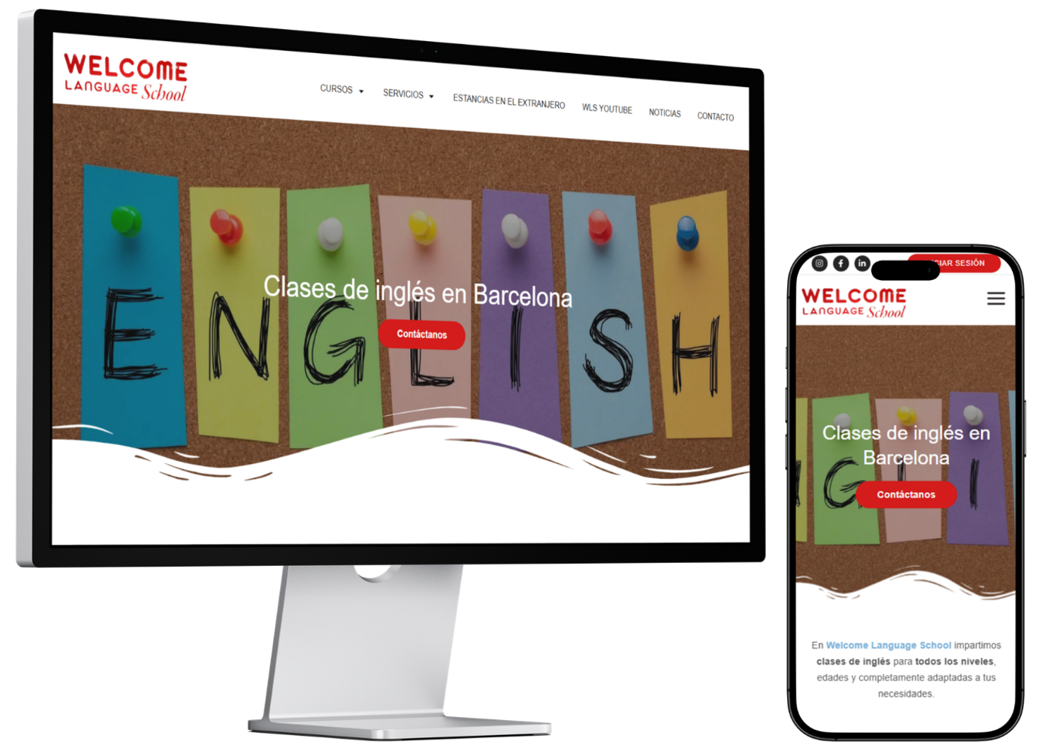 Mockup de escritorio y móvil del proyecto Welcome Language School